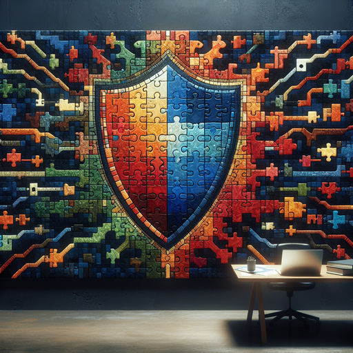 A digital art composition of a shield made from colorful puzzle pieces.