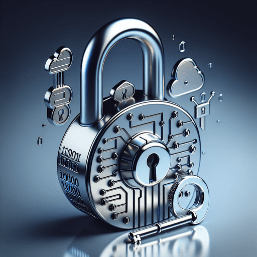 A sleek metallic padlock with a matching key fitting precisely into the lock, surrounded by subtle metaphoric icons like binary codes, cloud, and shie