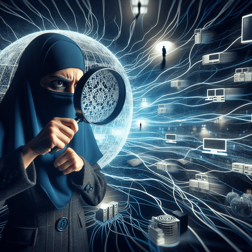 A woman with a magnifying glass analyzing network traffic for potential security threats.