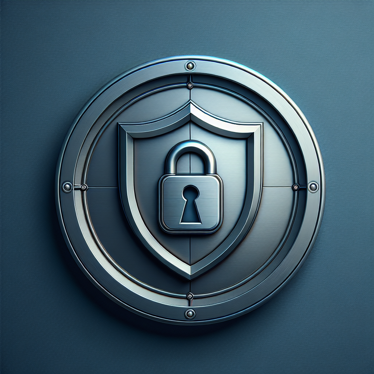 A circular shield with a prominent lock symbol emblem in the center, raised to give a 3D effect and designed with a metallic texture.
